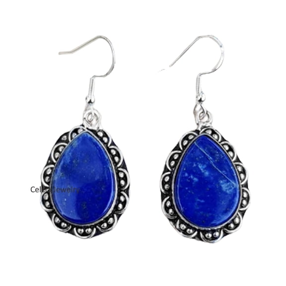 Pure 925 Sterling Silver Dangle Drop Earrings For Women, Genuine Lapis Lazuli Pear Blue Gemstone Beautiful Handcrafted Earrings For Her