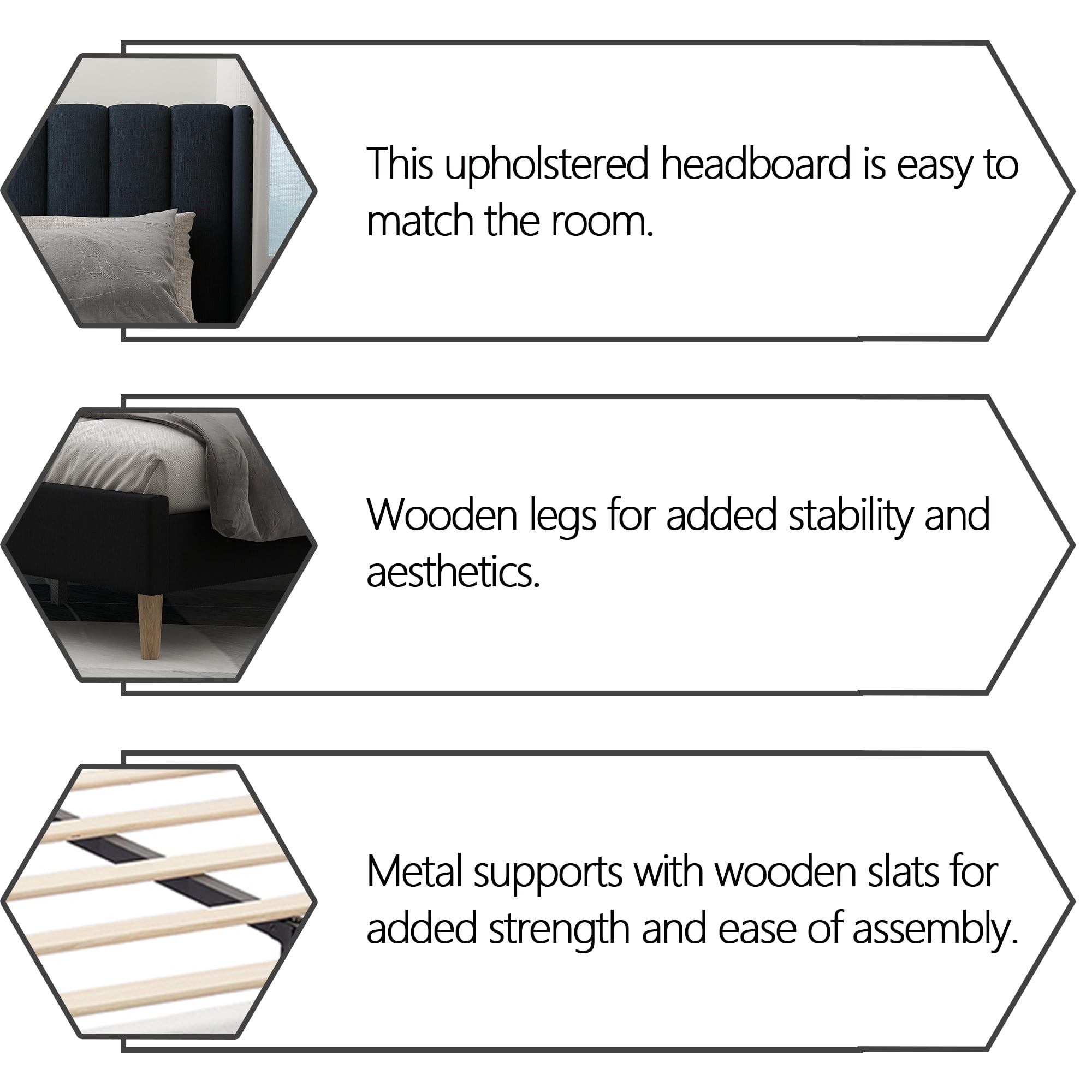 alazyhome King Size Upholstered Platform Bed Frame, Easy Assemble, Black