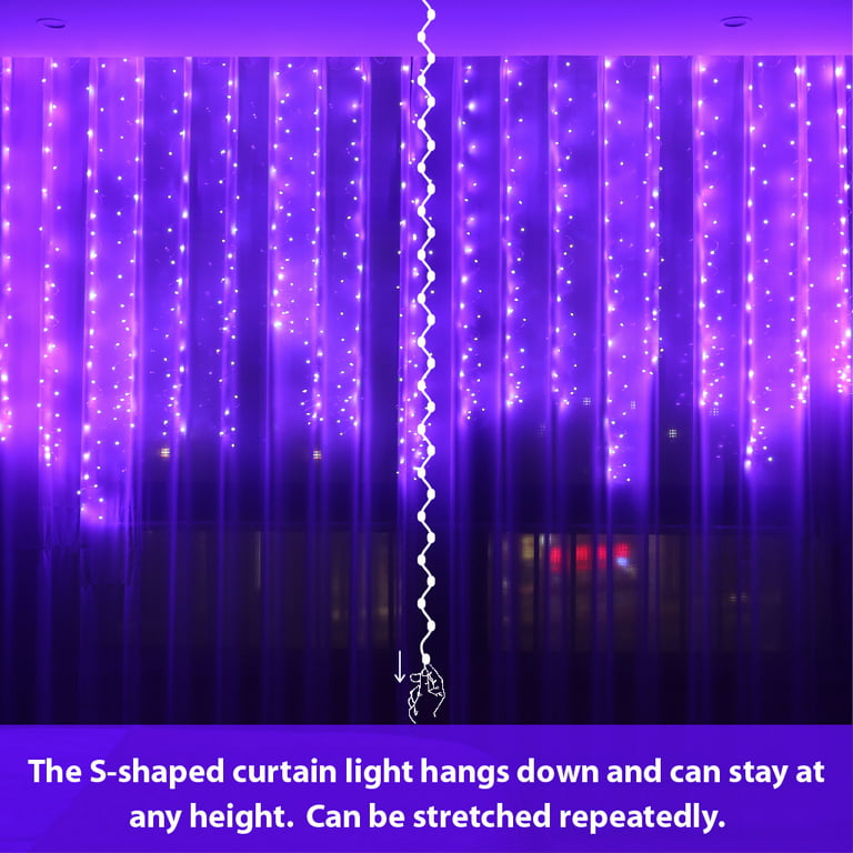 JMEXSUSS 300LED Purple Curtain Lights with Remote, Christmas Curtain  Hanging Lights Plug in, 8 Modes Purple String Lights for Bedroom Window  Wall