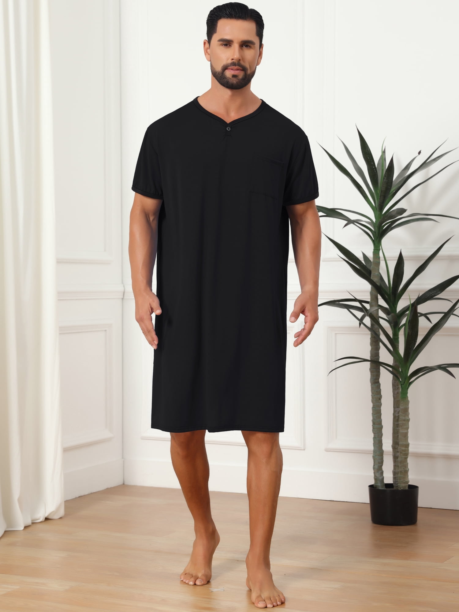 DARING DIVA Men's V-Neck Colorblock Trim Short Sleeve Chest Pocket Pajama S Black