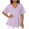 thumbnail image 2 of Amzcrzy Plus Size Tops for Women Trendy V Neck Short Sleeve Womens Tops Comfortable Loose Fit Side Split Basic Tee Shirts Versatile Casual Solid Color Summer Tops 5XL, 2 of 7