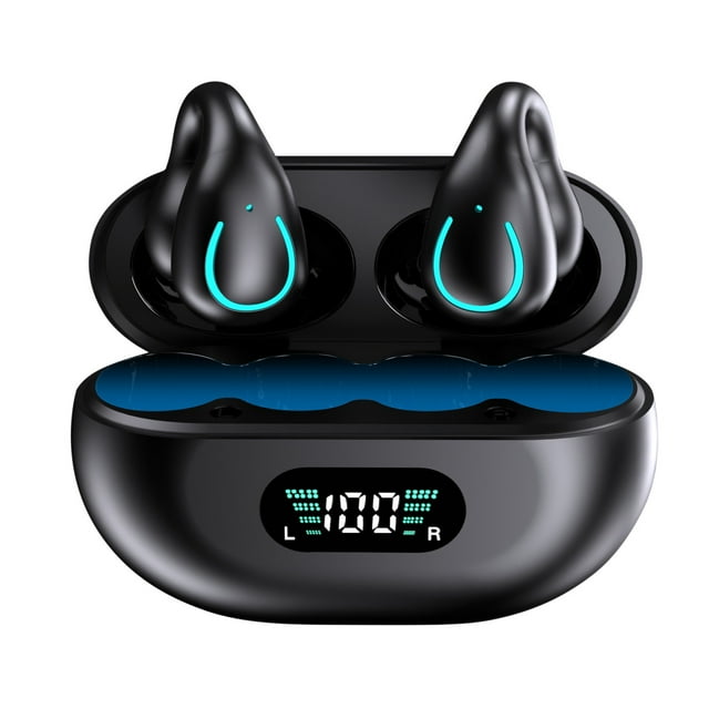 Herunwer Open-Ear Clip-on Bluetooth Headset, Wireless Sports Headphones with Charging Case and Smart Display