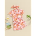 thumbnail image 3 of Nygoyerh Toddler Baby Girls Summer 3Pcs Outfits Floral Print Short Sleeve T-shirt + Elastic Waist Shorts + Headband 0-3T Infant Cute Short Pants Sets for Casual Daily, 3 of 8