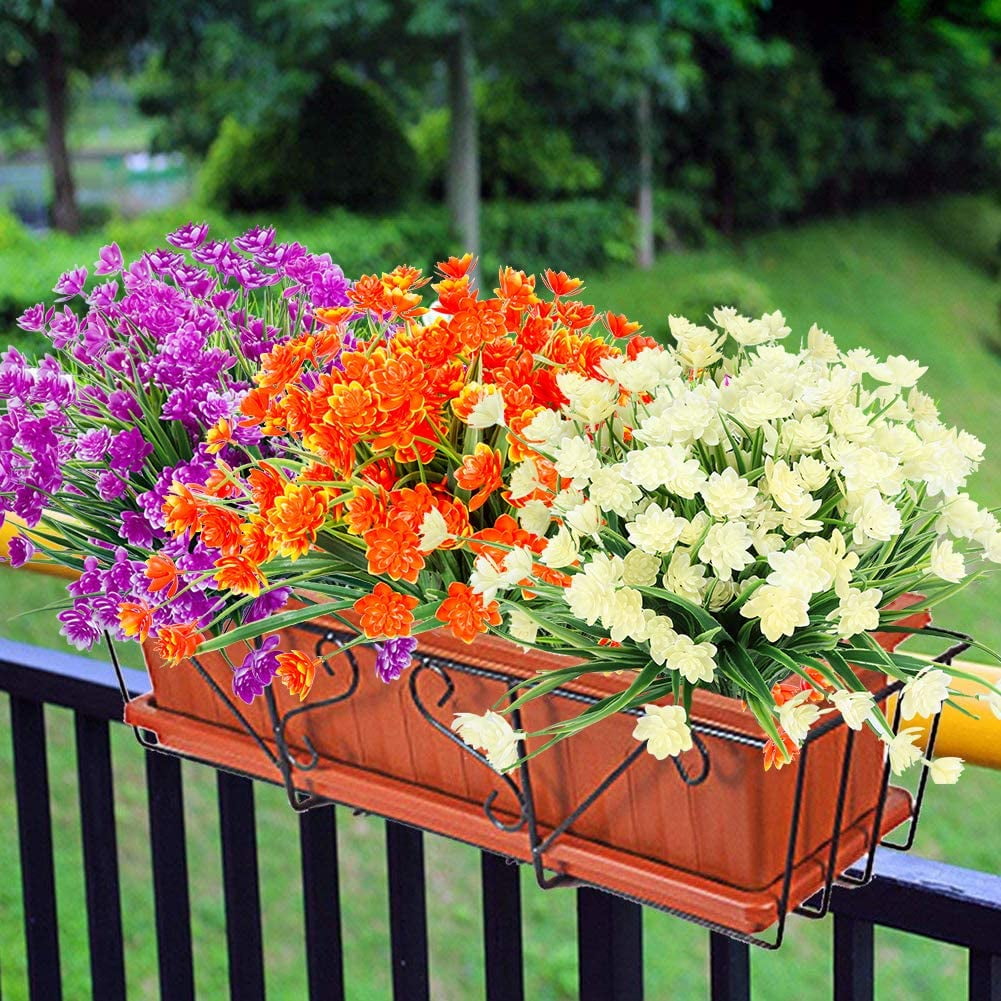 Artificial Daffodils Fake Large Flowers, 4 Bundles White UV Resistant Faux Greenery Foliage Plants Shrubs for Garden, Wedding, Outside Hanging Planter, Farmhouse Indoor Outdoor Decor