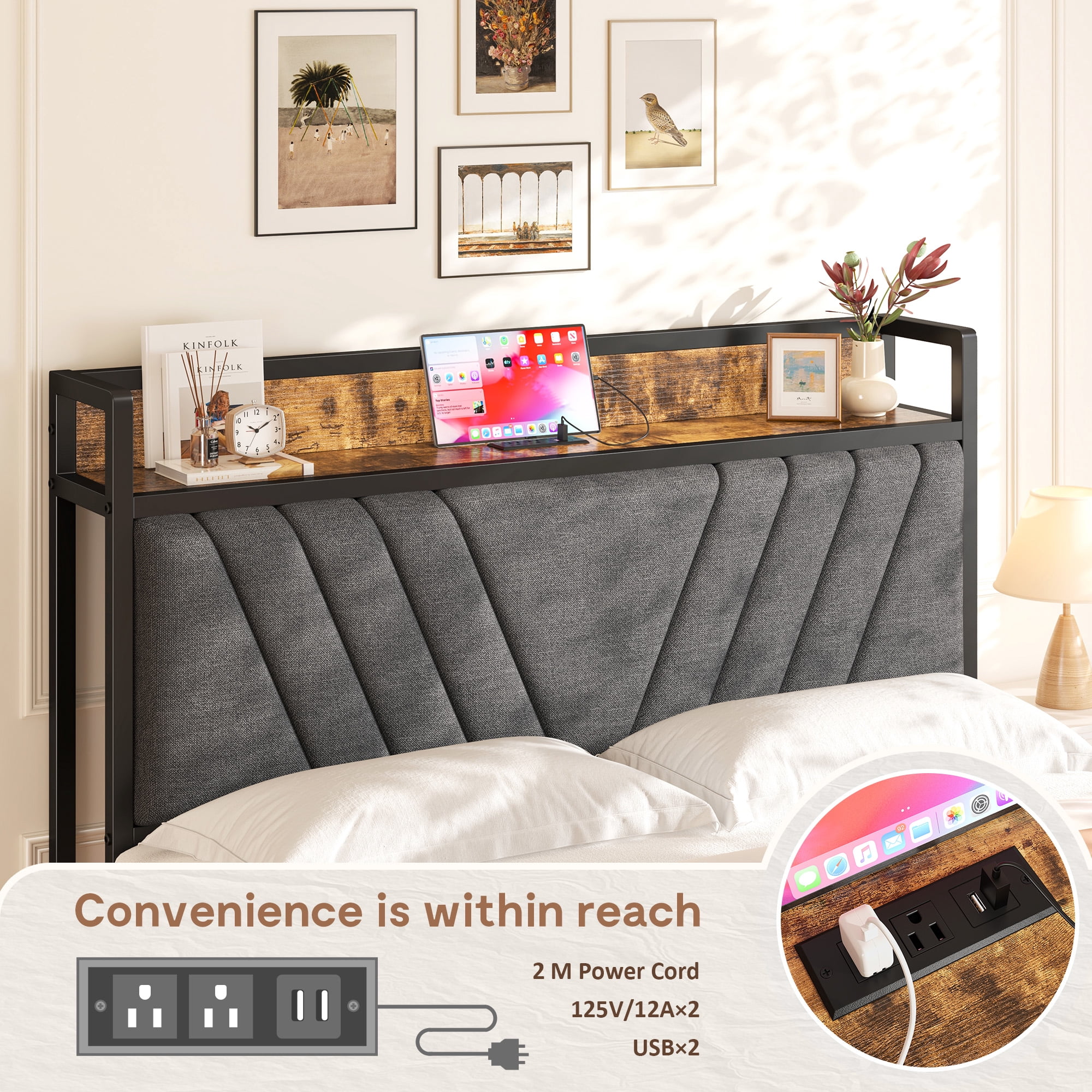 EnHomee Full Size Bed Frame with Headboard Full Bed Frame with Storage  & Charging Station, Vintage Brown