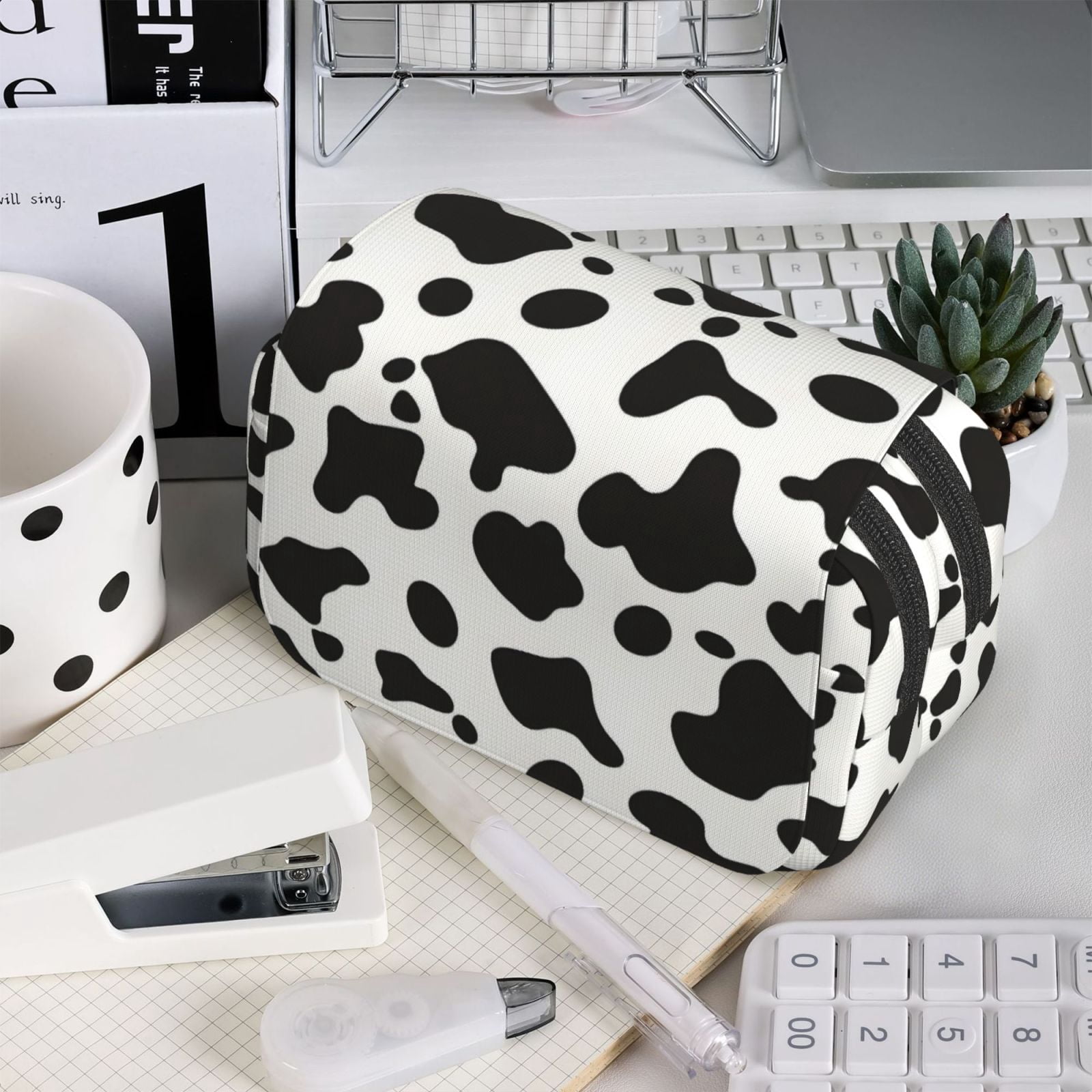 Large-Capacity Flip-Top Double-Layer Pencil Case, Multi-Functional Pocket Pen Case, Durable Stationery Organizer Simple Cow Print Pattern, Vector Art Style_3