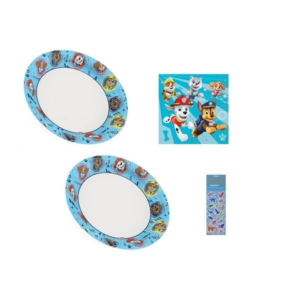 Paw Patrol Party Supplies Bundle Pack includes 20 Dessert Paper Plates 7", 16 Paper Napkins 5", 1 Dinosaur Sticker Sheet, Heavy Duty Disposable Soak Proof Microwavable Plates
