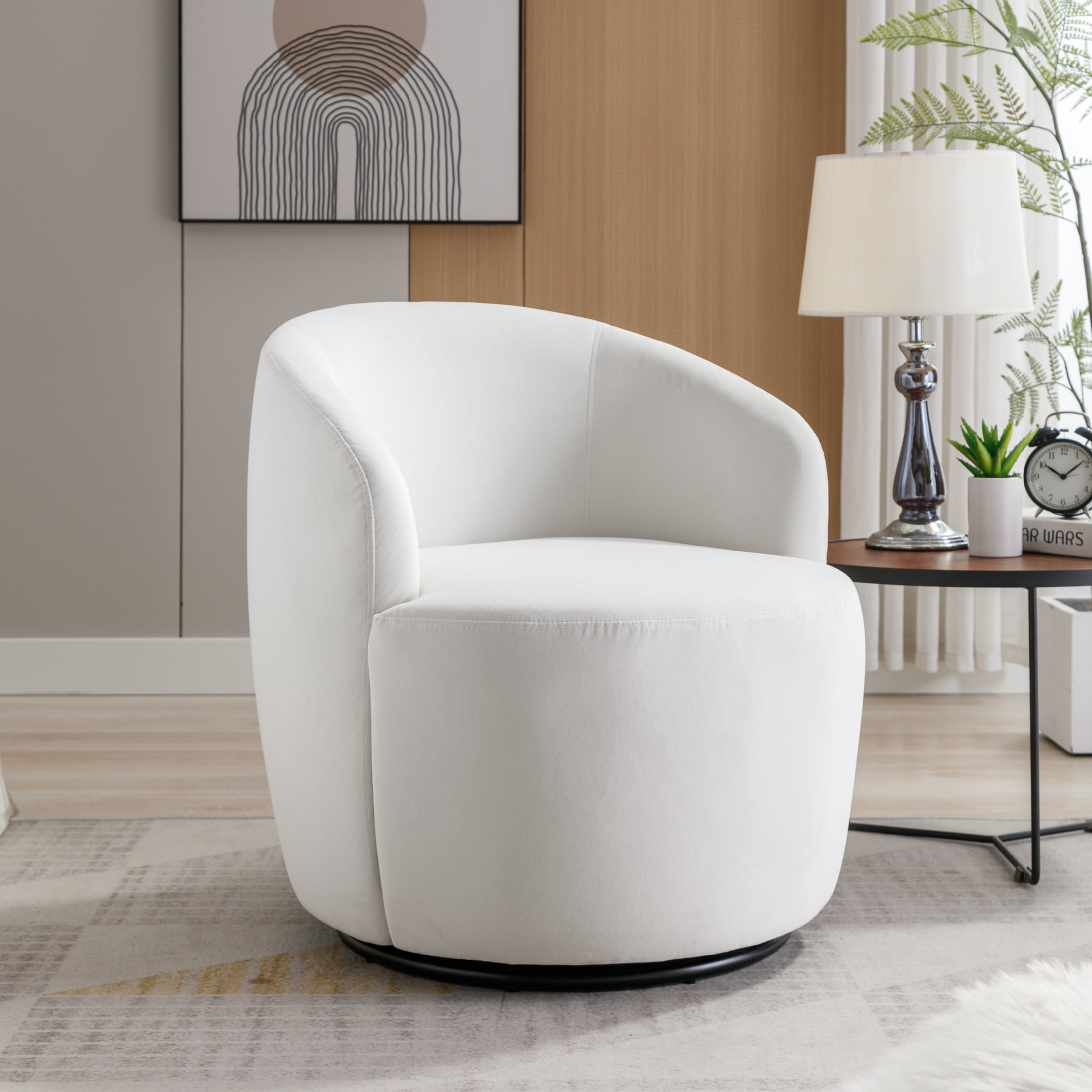 Noble House Arissa 26" Velvet Ergonomic Barrel Armchair, Swivel Reading Chair with Metal Base for Living Room, White