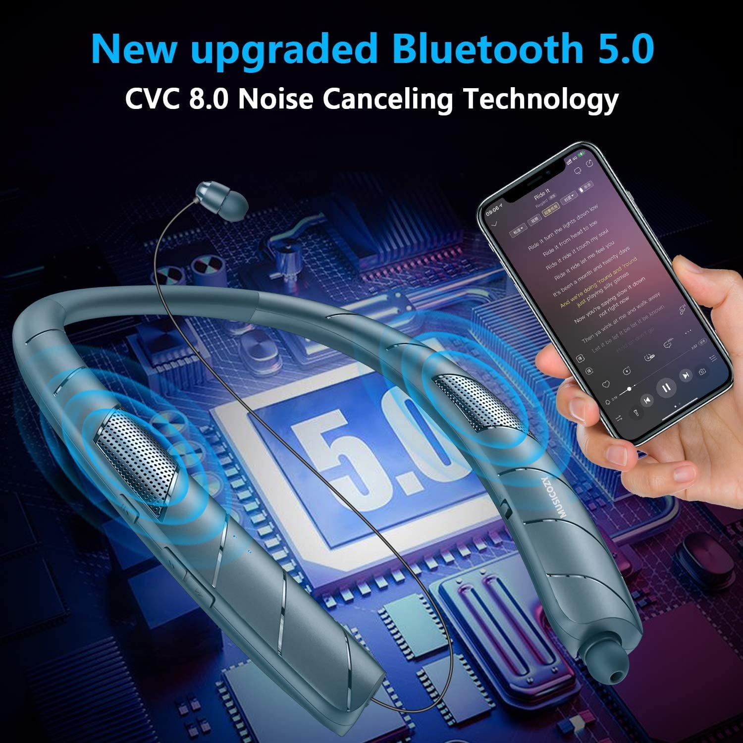 Bluetooth Headphones Speaker 2 in 1,Neckband Bluetooth Headphones with Retractable Earbuds,3D Stereo Sound CVC 8.0 Noise Cancelling Personal Sport Sweatproof Speaker (Blue)