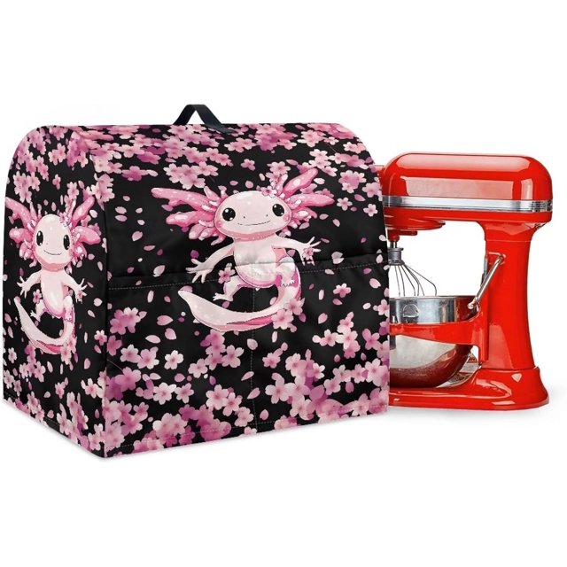Kitchen Stand Mixer Covers Protector Axolotl Cherry Blossom Mixer Cover Dust Covers with Top Handle Front Pocket Universal Fit Tilt Head and Bowl Lift Models Pink