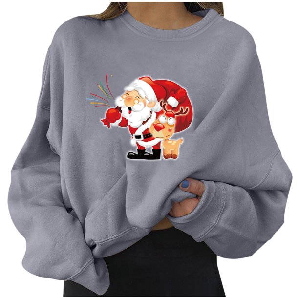 Sudaderas cortas estampadas de manga larga informales para mujer a la moda navideña Pompotops gfhjh8394