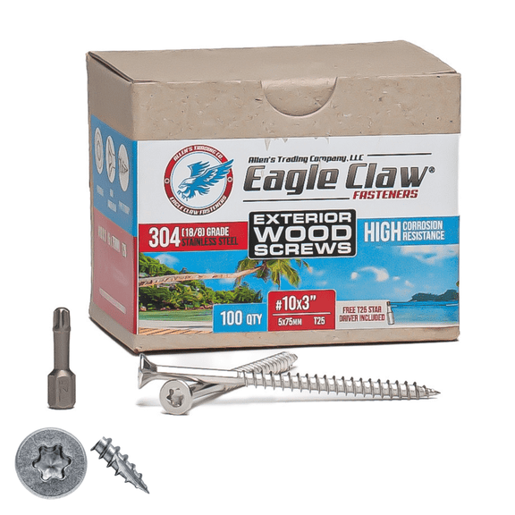 Eagle Claw Tools and Fasteners 10 x 3 Inch Stainless Steel Deck Screws 100 Box T25 Star Drive Included