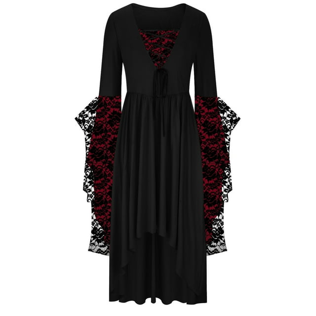 LSLJS Women's Grande Taille Manches en Dentelle Patchwork Mode Manches Longues Bandage Rétro Long Dress