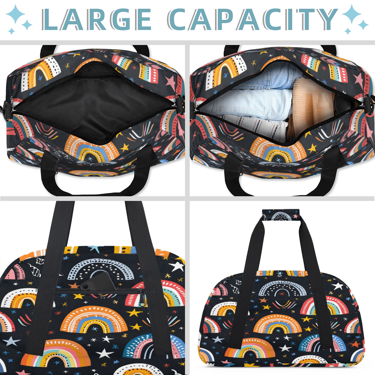 Herdesigns Cute Retro Rainbow Sports Duffle Bag for Women & Men, Gym Bag Dance Bag Overnight Bag Carry On Weekender Travel Bag