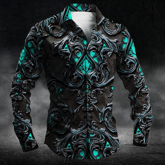Nueva camisa abotonada de moda para hombre, camisa retro de fiesta de manga larga con cuello rojo 3D y camisas de colores degradados múltiples