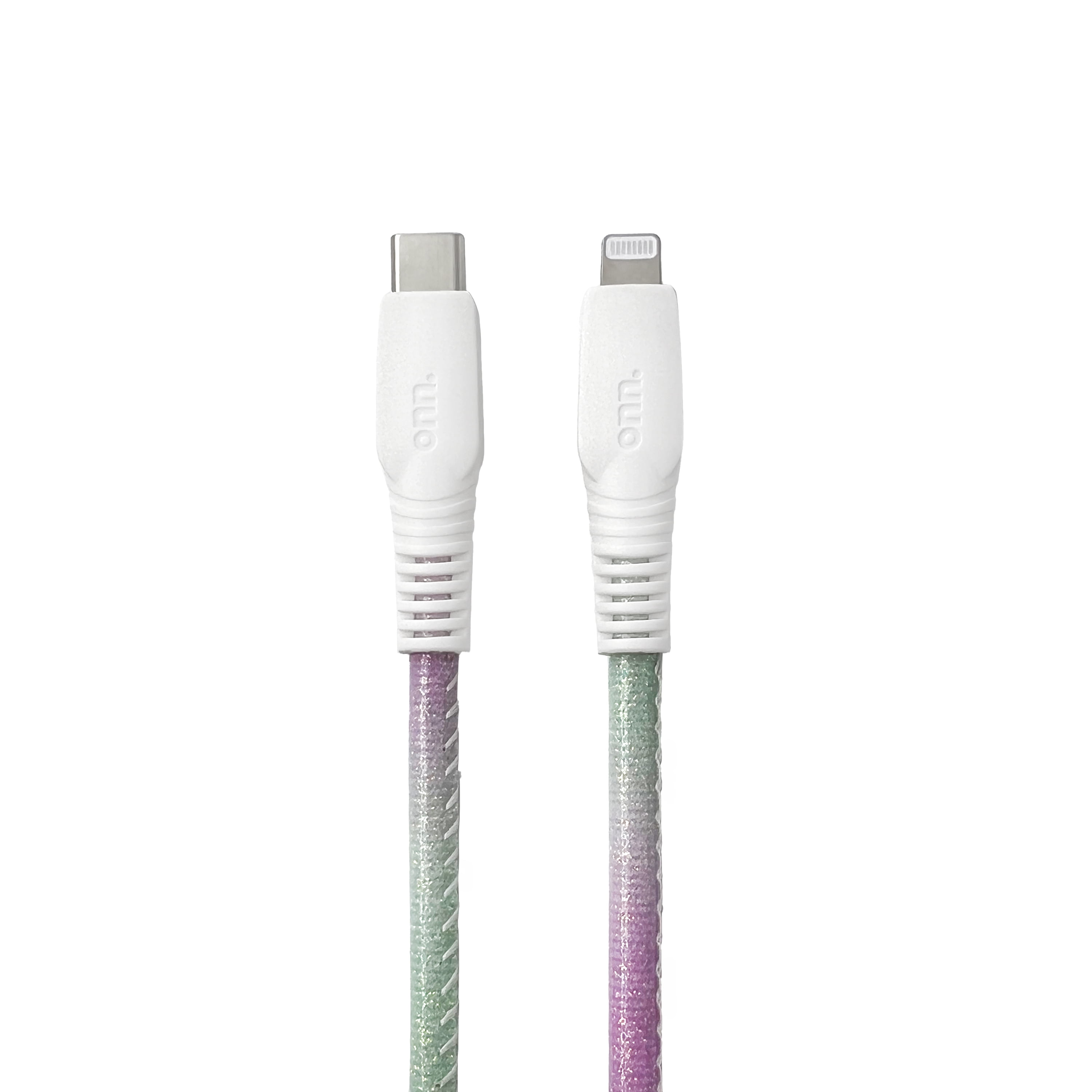 onn. Lightning to USBC Glitter Cable, 6' Cord, Purple & Mint