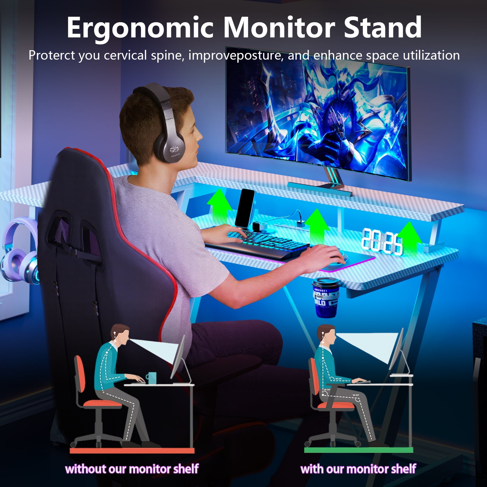 Satifur 47" Pro L-Shaped Gaming Desk White, RGB LED, Power Hub & Monitor Riser for Ultimate Setup