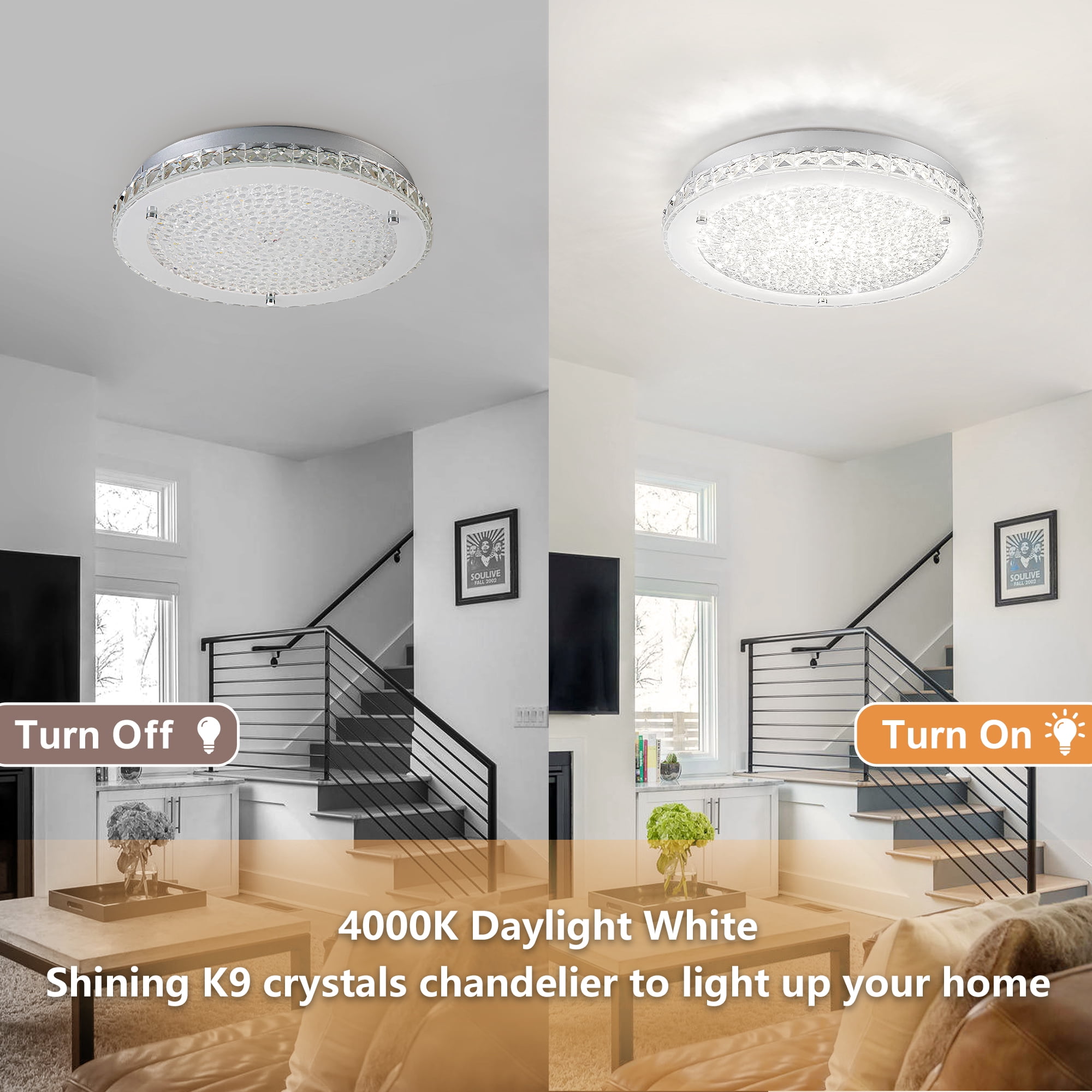 Lzawvm Ceiling Light Fixture Flush Mount Dimmable 4000K Crystal Ceiling Light 14 Inch Kitchen Light Fixtures for Bedroom Hallway Living Room 24W