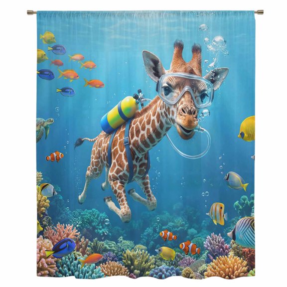 Funny Diving Giraffe Sheer Curtains 54 Inches Long, Ocean Coastal Coral Fish Marine Life Light Filering Curtains, Breathable Simi Curtain Privacy Drapes for Kitchen Bathroom Small Window Treatment