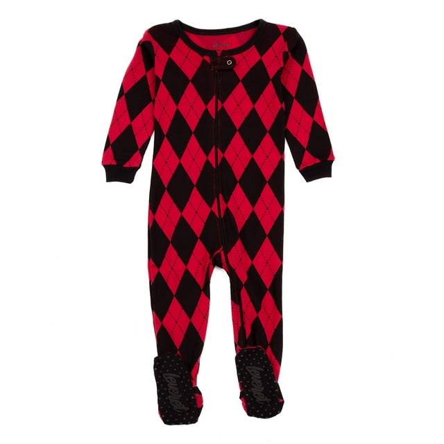 Leveret Pijama Con Pies Para Niños Y Niños Pequeños 100% Algodón Argyle Negro Y Rojo (Talla 2 Años)