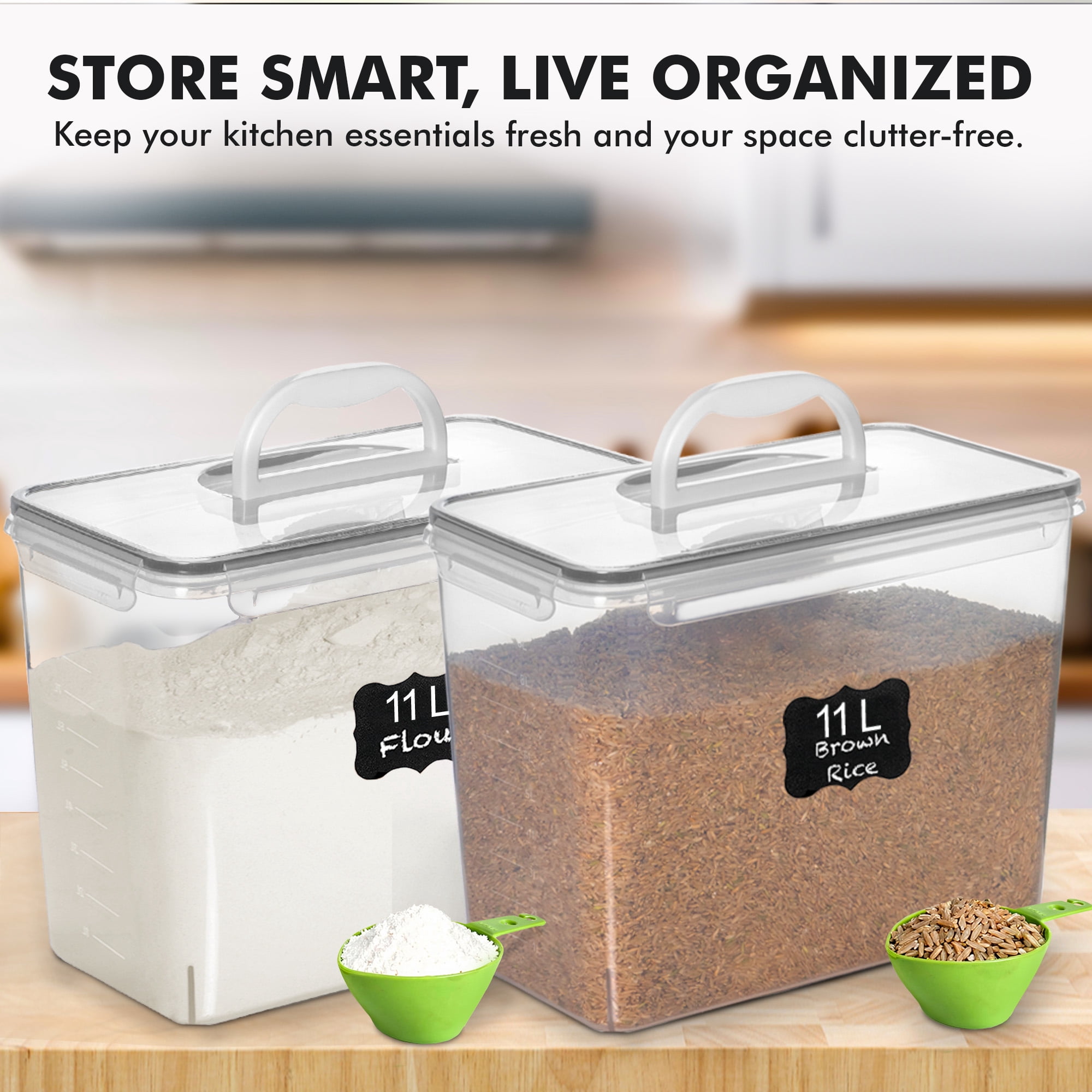 Shazo 4Pcs (11L | 11000ML) Extra Large Airtight Flour Sugar Storage Containers with Lids, BPA Free Plastic Food Storage Containers with Lids + 2 Measuring Spoon
