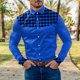 thumbnail image 4 of Camisas s Para Hombre De Vestir Camisa de manga larga con botones de solapa y empalme de bloque de color a cuadros informal a la para hombre (Blue, M), 4 of 5