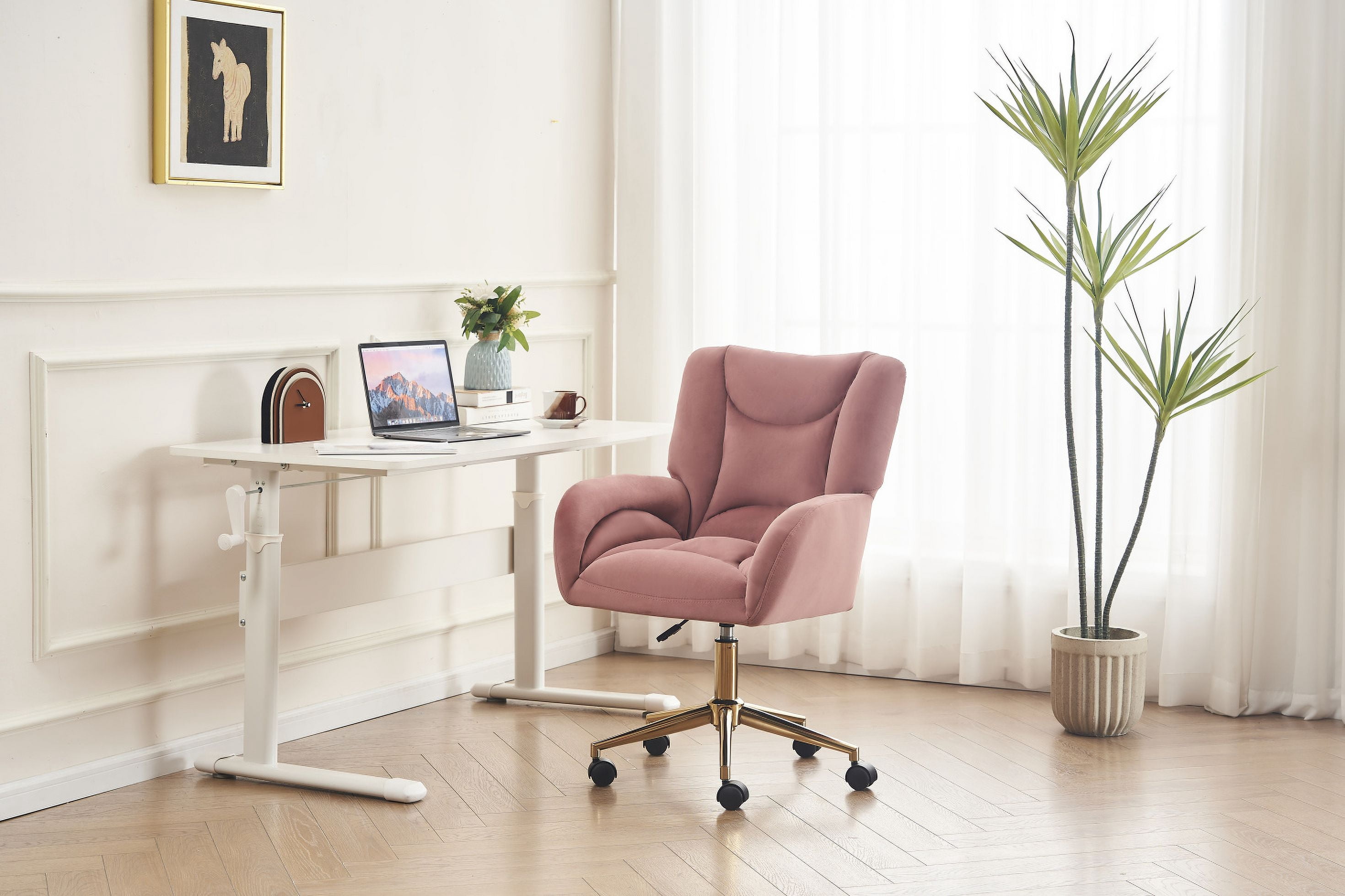 Velvet Office Desk Chair with Gold Metal Base, 360 Degree Swivel Upholstered Vanity Chairs with Arms, Modern Swivel Rolling Chair for Living Room Bedroom, Pink