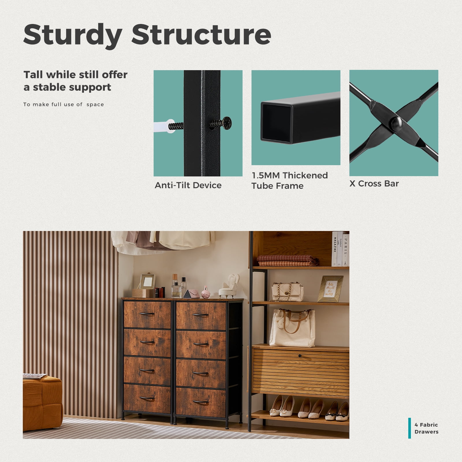 CONCETTA 4 Drawer Dresser for Bedroom, Tall Chest Organizer with Fabric Bins, Steel Frame, Rust Brown