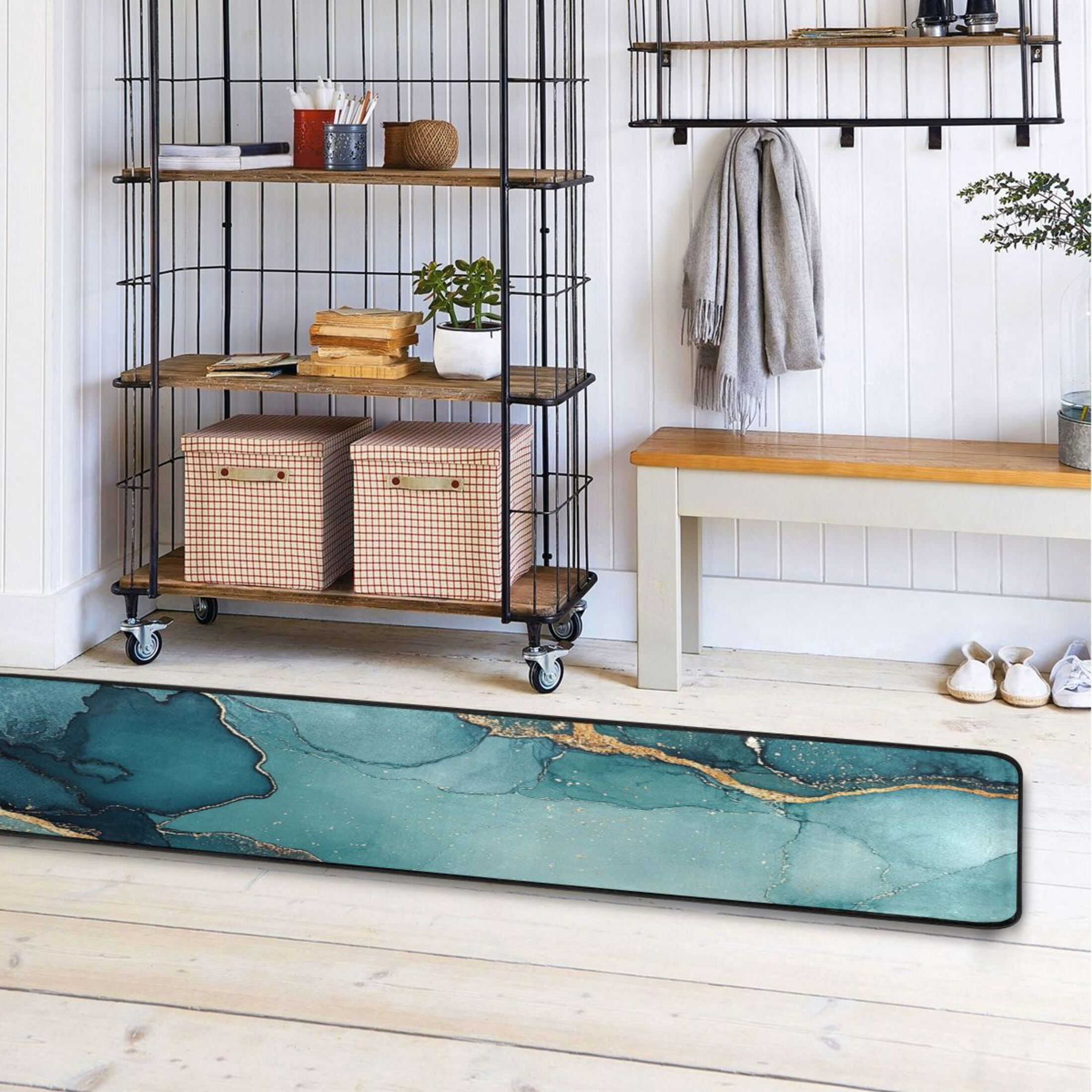 Teal Abstract Design Runner Rug for Hallways Kitchen Non Slip 2'x 6' Washable Hall Carpet for Bedroom Entryway Laundry Room