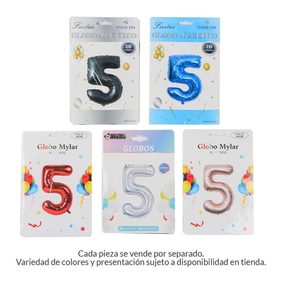 Globo Prichos Metálico con Diseño de Número 5 Varios Colores 1 Pieza