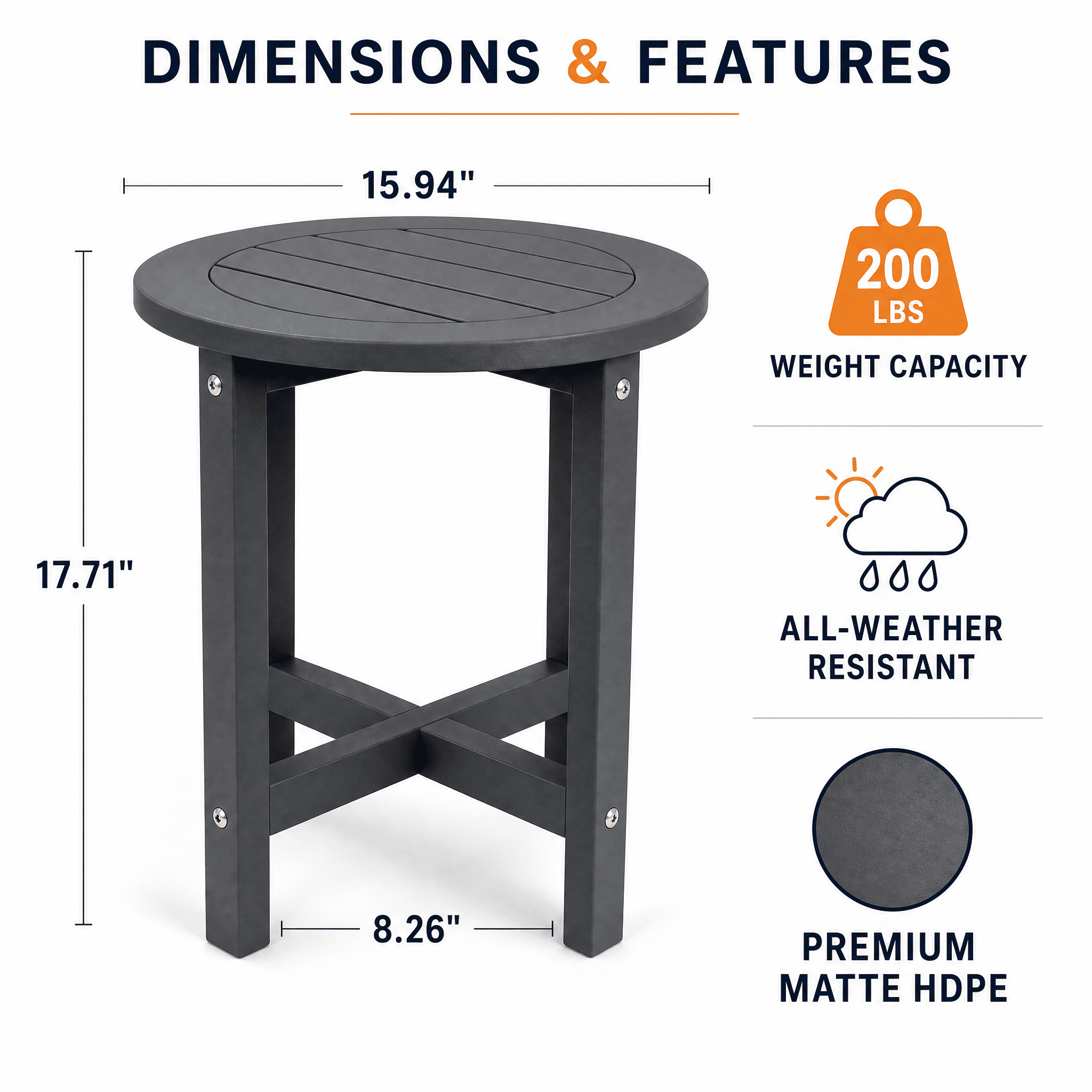 HDPE All-Weather Outdoor Side Table, 18×18×17 Inch Compact Patio End Table, Lightweight Weatherproof Small Side Table for Balcony Porch Pool Backyard