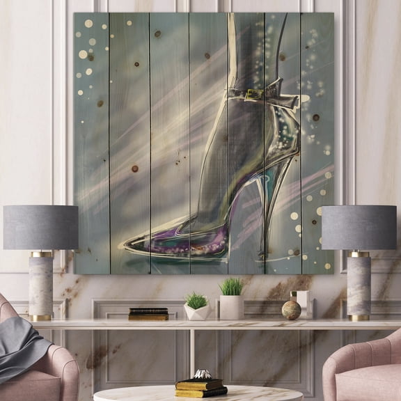 Designart 'Shiny Woman Shoe High Heeled Stiletto With Glitter' Modern Print on Natural Pine Wood