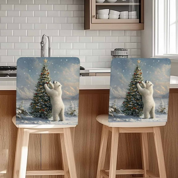 Winter Christmas Chair Covers Set of 4 Tree Polar Bear Snowy Scene Chair Back Covers Stretch Removable Washable Slipcovers Protector for Dining Room Kitchen Party Decor