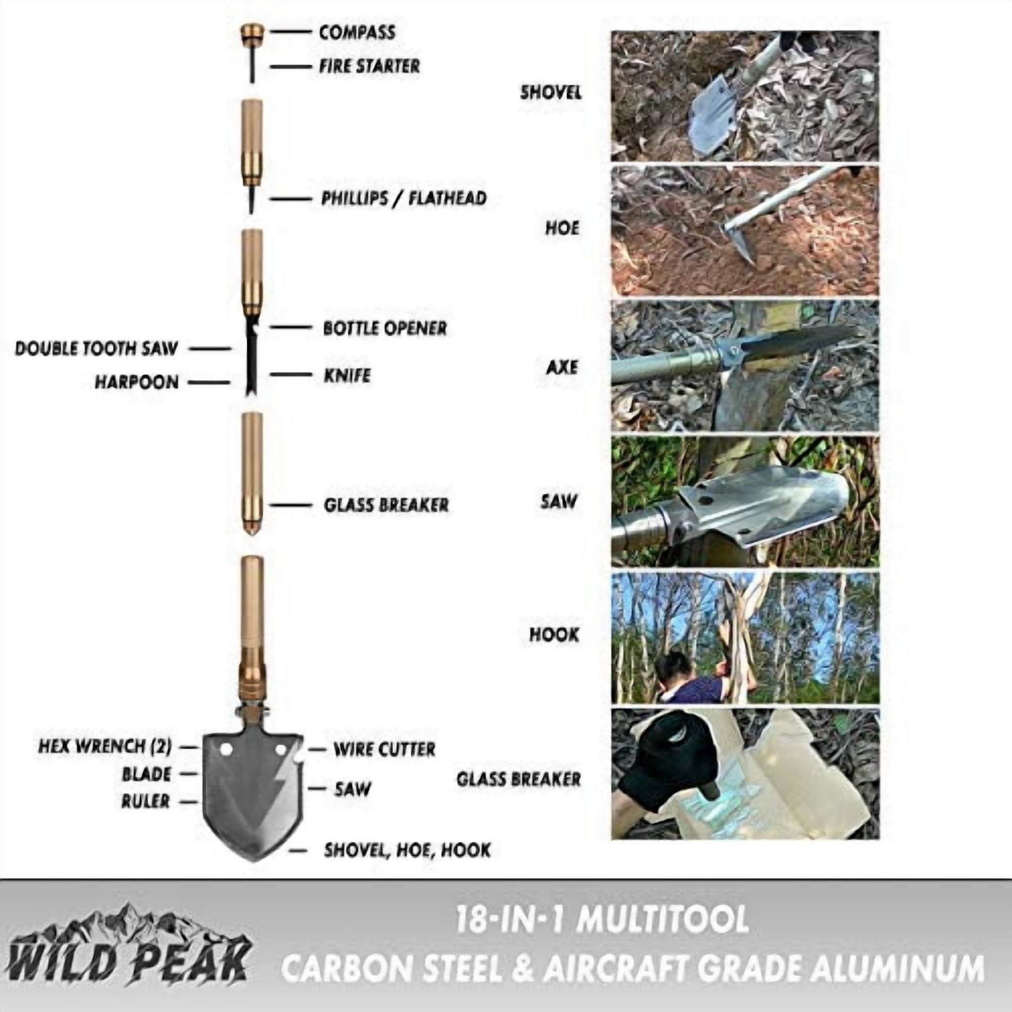 APEX1 18-in-1 Multitool Steel Emergency Shovel with Carrying Pouch for Survival, Military, Camping, Hiking, Climbing, Bug-Out Bag, Backpacking (Gold)
