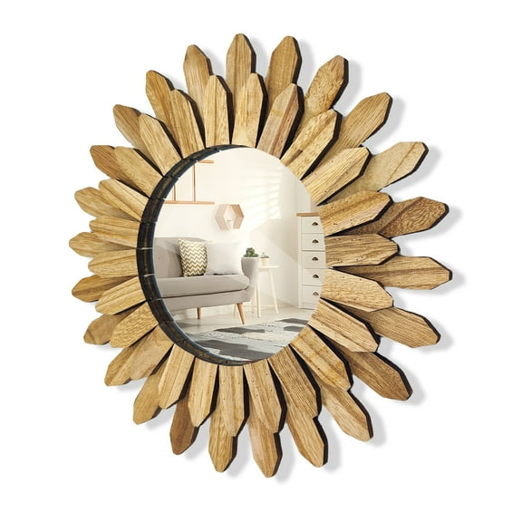 Wall Mirror Decorative 12 inch Sunburst Boho Mirror - Entryway & Bedroom Decor, Rustic Wood Round