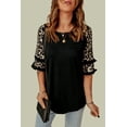 thumbnail image 3 of ABPHQTO Top de patchwork con mangas de leopardo y volantes negro para mujer, 3 of 5