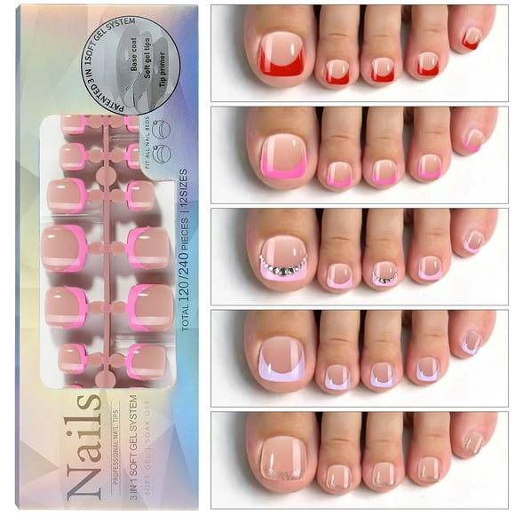 120PCS French Gel Toenail Tips French Tips Press on Nails 12 Sizes Fake Nails False Toe Nail Wearable Tips for Nail Art DIY