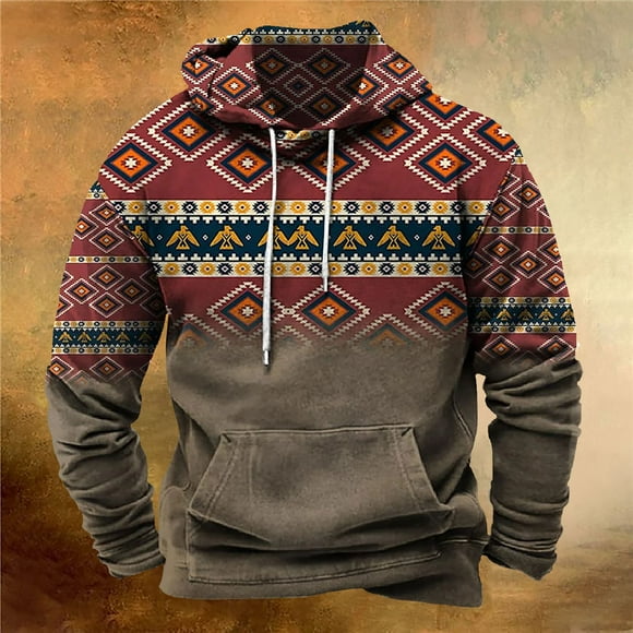 Meichang Western Ethnic Hoodies Men Aztec Graphic Sweatshirt Long Sleeve Geometric Vintage Pullover Tops Casual Streetwear Sweatshirt Hoodies