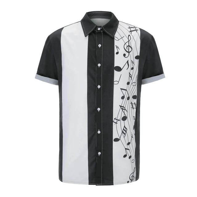 Camisas Para Hombre Manga Larga Camiseta con estampado de música para hombre, camiseta informal, camiseta de manga corta de verano, camisetas con botones transpirables, camiseta a la (Black, S)