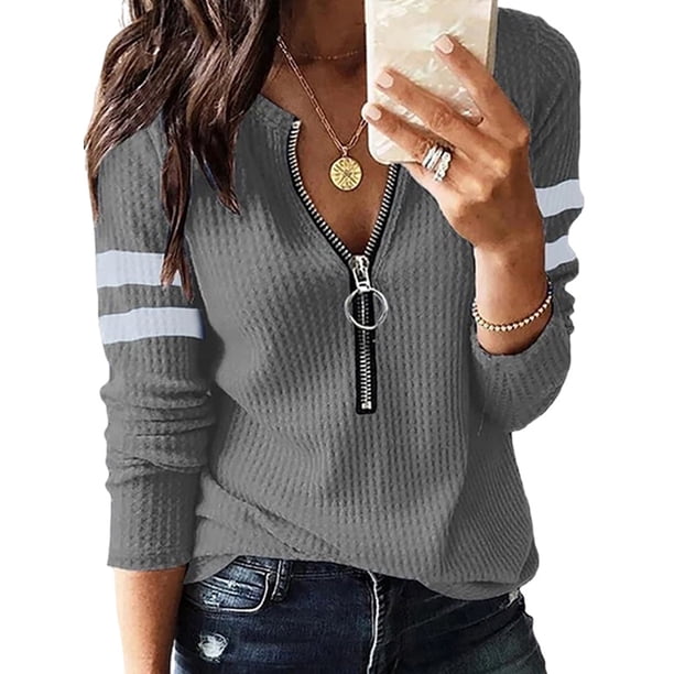 Camisetas de manga larga para mujer con cuello en V y cremallera, blusa tipo túnica de punto tipo gofre
