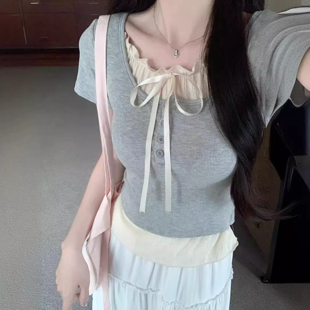 Tops de manga corta estilo tweed de dos piezas con ilusión Ropa de mujer Verano Petite Adelgazante Top versátil Sensibility Niche