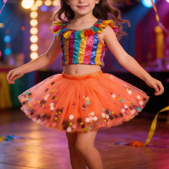 Girls Tutu Skirt With Colorful Pom Poms Mesh Layered Party Dance Performance Ballet Skirt For Carnival Festive Celebration