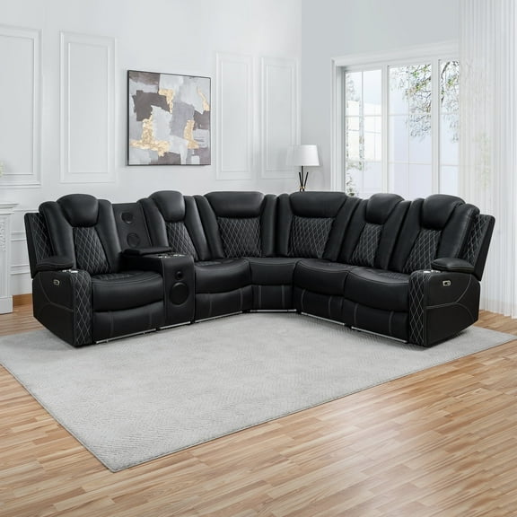 Naomi Home Chicago Corner Sofa Black Air Leather, Premium 6-Seater Reclining Sofa with Console, Cup Holders, USB Ports, Pillow Top Armrests & Split Back Design, Modern Air Leather Living Room Couch