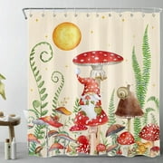 Mushroom Shower Curtain for Bathroom, Beige Background Boho Style Stars Moon and Funny Gnome Fabric Shower Curtain with Hooks, Plant Leaf Aesthetic Bathroom Curtains Shower Set, 69x70 inches