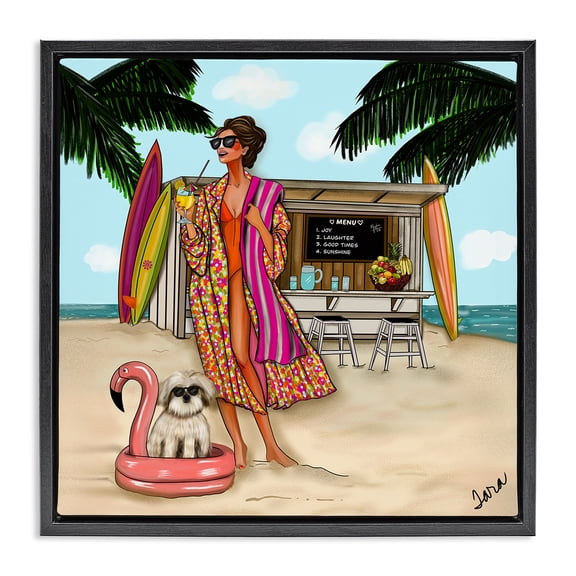 Stupell Industries Modern Beach Girl in Summer Sun Black Floating Frame Canvas Art, 18 x 18, by Tara Boone