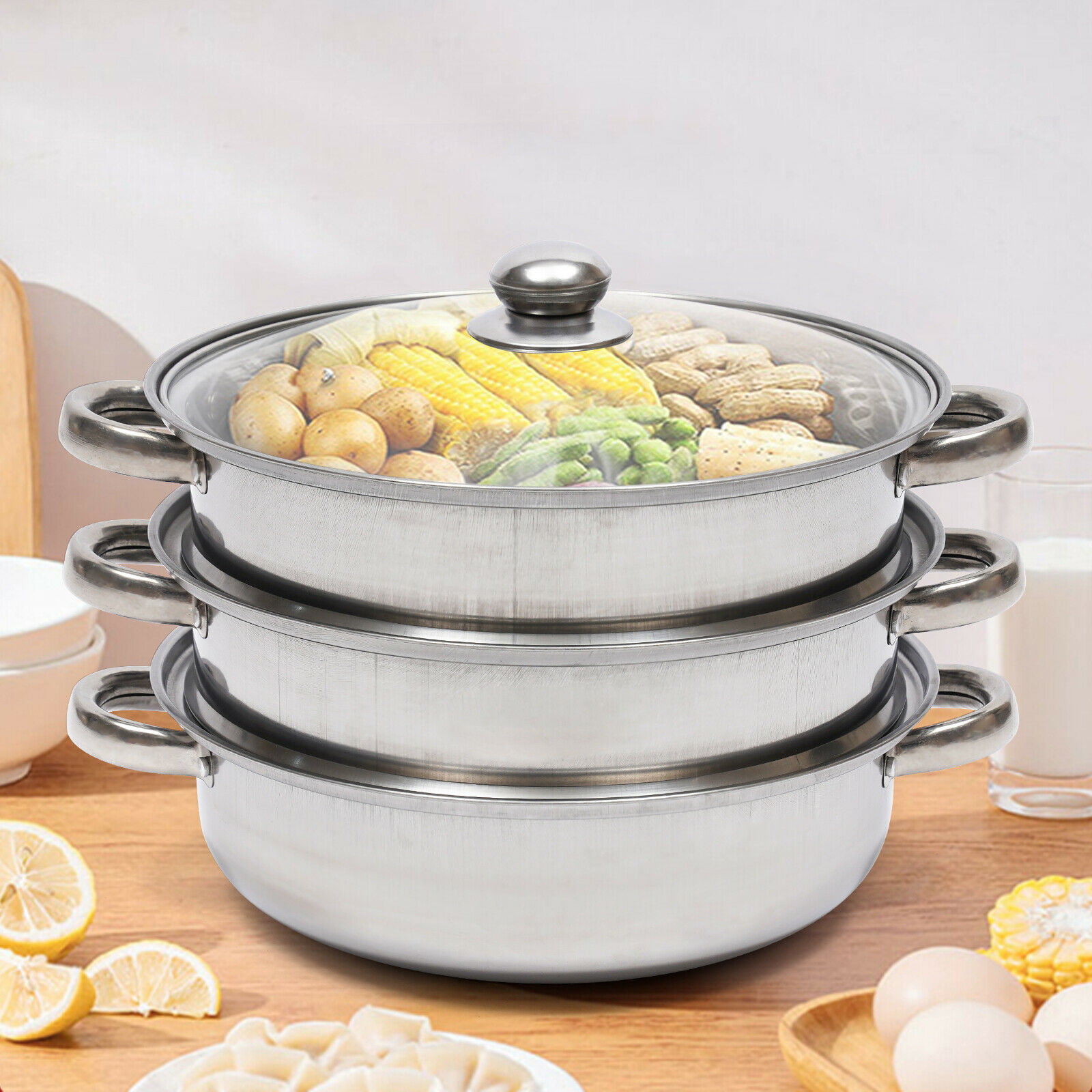 4PC/5PC STEAMER COOKER POT SET PAN COOK FOOD GLASS LIDS 3/4 TIER STAINLESS  STEEL