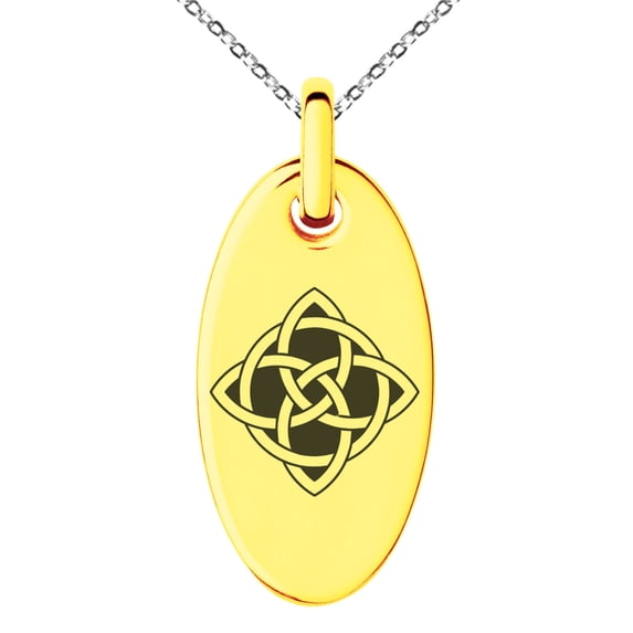 Stainless Steel Celtic Quaternary Cross Knot Engraved Small Oval Charm Pendant Necklace