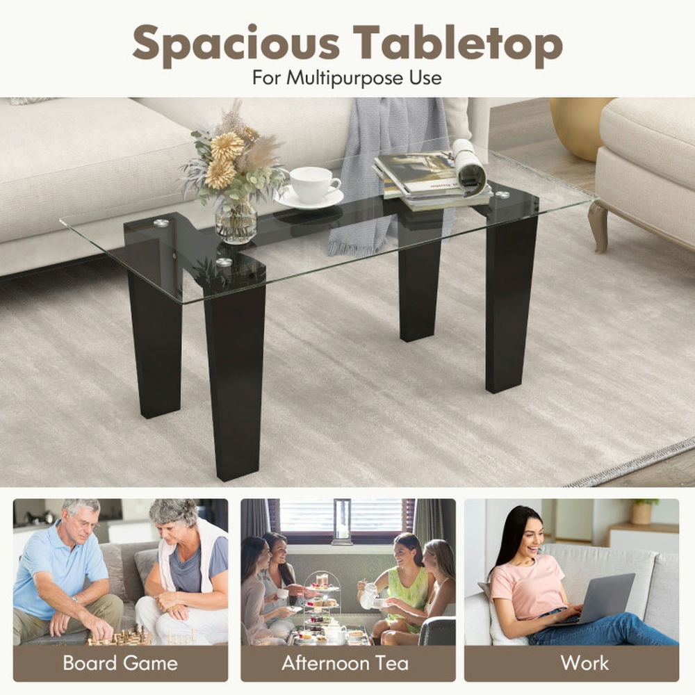Finihen Coffee Table, Glass Coffee Table, 39.5 Inch Glass Coffee Table, Modern Rectangular Center Table with Solid Rubber Wood Legs, for Living Room, Reception Room, Black Finihen Coffee Table, Glass Coffee Table, 39.5 Inch Glass Coffee Table, Modern Rectangular Center Table with Solid Rubber Wood Legs, for Living Room, Reception Room, Black