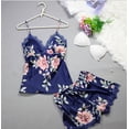 thumbnail image 2 of 2Pcs Women Satin Silk Sleepwear Lace V Neck Tops + Long Pants Pyjamas Set, 2 of 5