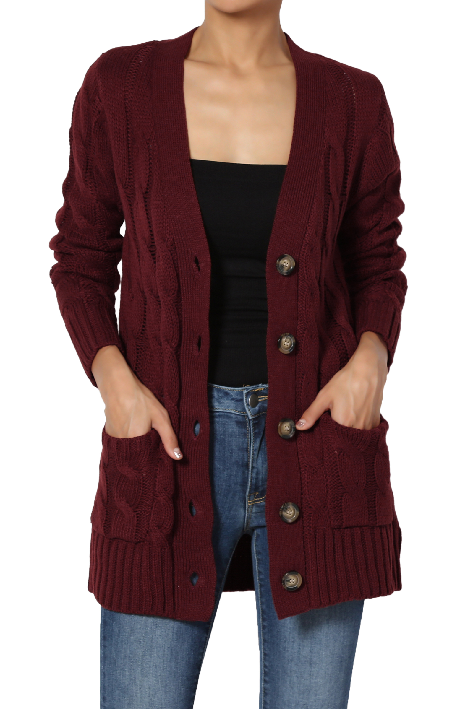 TheMogan - TheMogan Women's S~3X V-Neck Pocket Cable Knit Cardigan